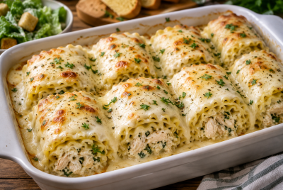 chicken alfredo lasagna rolls